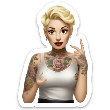 Blonde elegant women, her Body Covered with Tattoos, POINTING to YOU FORWARD with her ONE HAND , Hyper realistic sticker