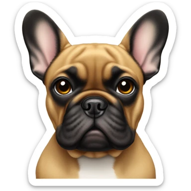 Mainly Black / Carmel colored french bulldog with a work name tag that says hello my name is bourbon  sticker