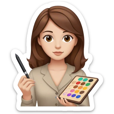 mujer  pelo cafe piel blanca,  con un lapiz pluma y una plaeta de colores y un computador  sticker