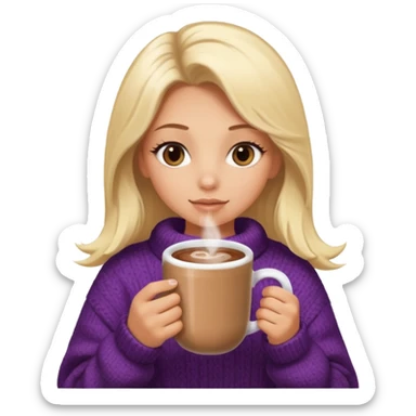 Tanned Girl with lashes , blonde hair, in an extremely big fluffy oversized and hold hot chocolate drink sticker