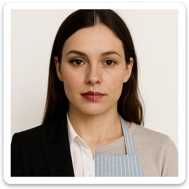 hyper realistic split-image of a woman, half face with professional makeup and office clothes, half face natural, homemaker apron, white background, symmetry, clear contrast sticker