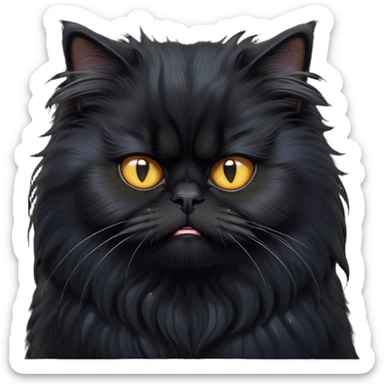 Cinematic Grumpy Frazzled Black Persian Cat Portrait Emoji, Head tilted with an exaggeratedly grumpy expression, fluffy black fur with hints of silver and deep undertones, Simplified yet hilariously frazzled features with large, expressive eyes, highly detailed, glowing with a warm but irritated glow, high shine, a mix of annoyed and disheveled, stylized with a touch of humor, bright but with a completely frazzled and grumpy face, soft glowing outline, capturing the essence of a quirky yet grumpy kitty, so endearing it feels like it could leap out of the screen and demand attention with its wonderfully grumpy, frazzled charm! sticker