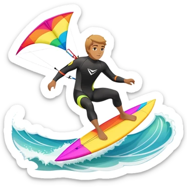 The scene captures the energy and freedom of the sport, with the sun shining and the ocean's waves splashing around. A kite surfer gliding across the ocean, with a colorful kite soaring high in the sky and the surfer carving through the waves.  sticker
