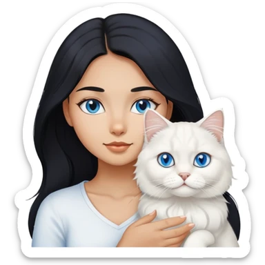 black hair girl with White British longhair cat blue eyes  sticker