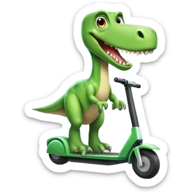 Green long necked dinosaur riding an electric scooter sticker