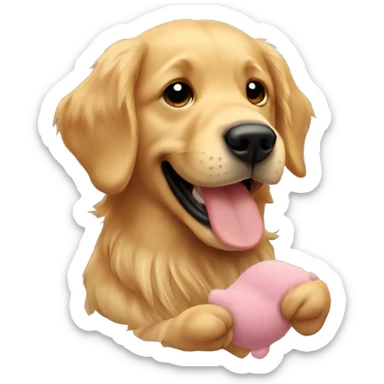 Golden retriever holding a stuffed animal dog in its mouth sticker