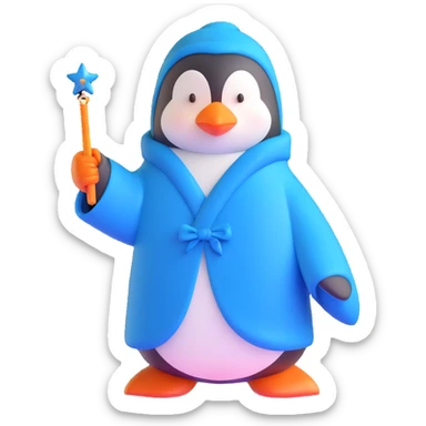 penguin wizard with a blue robe and magic wand sticker