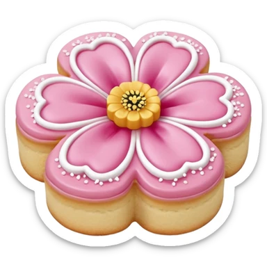 Realistic shortbread cookie in the shape of a camilia flower with pastel pink color jelly middle filling andkled powder sugar on top.emoj sprini sticker