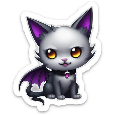   cool edgy kawaii anime-style ethereal dark-punk-themed animal vampiric cat-hybrid Fakemon with fangs and bat-wing-ears with a collar full body sticker