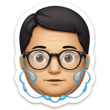 make a guy from portugal that has glasses and has a good jawline and a little cheeky cheeks and black hair that spreads like sauce and make him glossy and shiny sticker