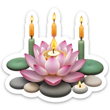 A photorealistic icon featuring lotus flowers, burning incense sticks with smoke rising, smooth round sea stones, and multiple small round candles arranged in a calming, tranquil setting. Soft, peaceful colors with detailed textures that evoke mindfulness and inner peace. Transparent background sticker
