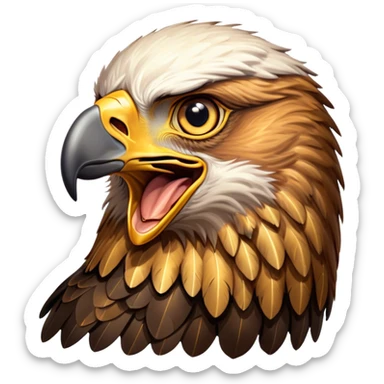 Cinematic Comical Golden Eagle Portrait Emoji, Head tilted dramatically with an exaggeratedly shocked expression, featuring a striking, broad-beaked form with wide, comically expressive eyes full of playful disbelief and richly textured golden feathers, Simplified yet hilariously expressive features, highly detailed, glowing with a slightly sassy amber glow, high shine, dramatic yet playful, stylized with an air of cheeky aerial mischief, soft glowing outline, capturing the essence of a meme-worthy golden eagle that looks ready to side-eye its way into viral fame! sticker