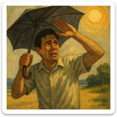 Create a symbolic, semi-realistic outdoor scene (beach or park) featuring a man with expressive, worried body language. The man is raising his hands or using an umbrella or large hat to block natural, warm sunlight. He looks uncomfortable or fearful, as if trying to protect himself from the sun. Use muted colors and an expressive, semi-realistic style symbolizing misunderstanding about sunlight and health. Use the reference image for facial features and general appearance. sticker