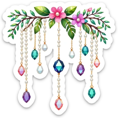 Exotic colorful romantic Few cute tiny Iridescent glistening glossy sparkly shiny glittery hanging crystals pearls and beads and gemstones scenery scenic decorations with branches and flowers sticker
