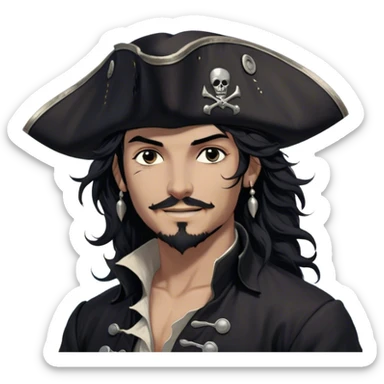 A charismatic pirate with wavy black hair that falls just past his shoulders, tousled slightly by the sea breeze. He wears a black tricorn hat with subtle silver embroidery along the edges, casting a shadow over his sharp, confident features. His piercing dark eyes glint with mischief as he gazes to the side, a knowing smile playing at his lips. His well-fitted black coat, adorned with polished silver buttons and intricate stitching, moves slightly with the wind, revealing glimpses of a deep-crimson waistcoat underneath. A silver chain dangles from his belt, catching the dim golden light of the setting sun. His posture is relaxed yet assured, exuding effortless charm as if he owns the sea itself. sticker