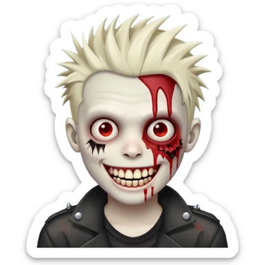 zombie boy withemo spiky hair, white skin, and white eyes; an open smile, and bloodied teeth; sticker