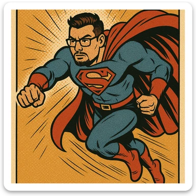 superhero man with short hair, goatee, glasses, dynamic pose, modern superhero outfit, cape flowing, determined look, classic comic book style sticker