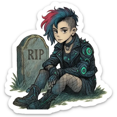  [[[a lonesome tombstone in a graveyard]]], , punk gothic style, futuristic cyberwave cyberpunk, sitting position
 sticker