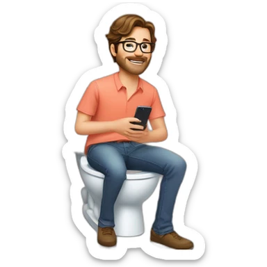 man with brown hair, octagonal glasses, and salmon colored shirt sitting on the toilet, holding a phone in one hand and a cocktail in the other hand. Sitting on the toilet in the bathroom sticker