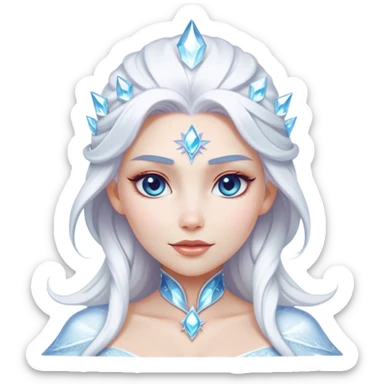 Cinematic Majestic Snow Queen Portrait Emoji, rendered in a clean, vector-style with bold, simplified shapes. Show Elsa with a serene, noble expression, luminous icy skin and gracefully styled platinum hair adorned with subtle crystalline accents, her attire minimal yet majestic. The design radiates a cool, crystalline glow with high shine and a soft glowing outline, embodying timeless, frosty elegance. sticker