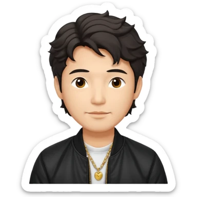 Handsome and mature Asian guy wavy hair, wearing necklace, dressed cool in black bomber jacket, demure but with a smirk  sticker