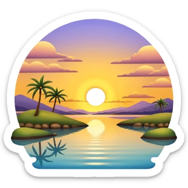 A 3D cartoon sunset over an estuary, golden reflection on calm water, scenic and peaceful, Memoji-style. sticker