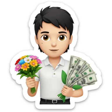 generate a pretty fair bratz boy with a messy mullet (black hair), wearing a white polo.  carrying a bouquet made of money. expensive car behind him sticker