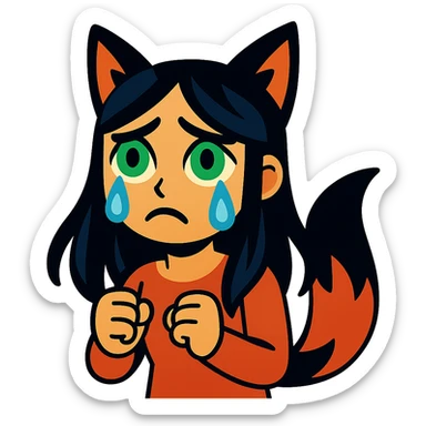 A girl with tears, black fox ears, and a tail, green eyes, dark hair sticker