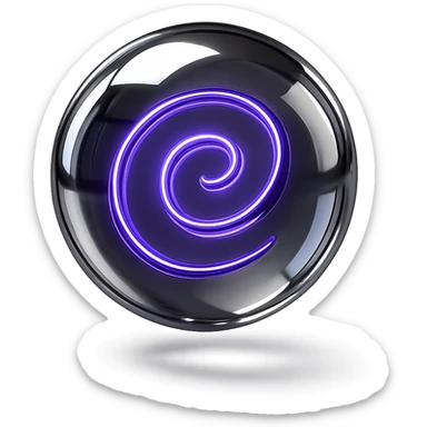 floating translucent orb with a shiny chrome and glowing purple spiral winding inside, in chrome style sticker
