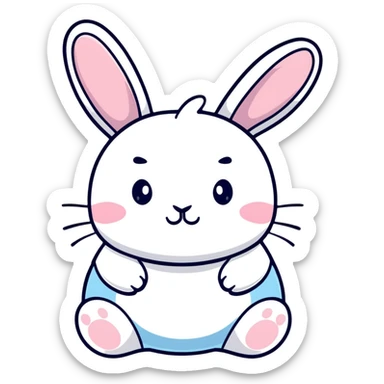 A chubby bunny character in exact Sanrio style like Kuromi and Cinnamoroll, ultra cute, super simplified kawaii design, oversized head on tiny body, rosy cheeks, small dot eyes, simple bow, pastel pink and soft blue colors, pure white face, thick black outline sticker