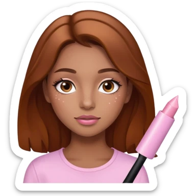 Pretty girl with caramel skin brown hair brown eyes and freckles. Wearing light pink lipgloss and mascara  sticker