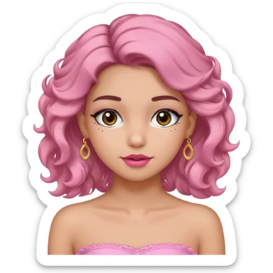 crée moi une jeune fille très belle avec les cheveux bouclés long brune avec un top  sans manche ni brettelles juste un 'bandeau' de couleur rose clair avec un peu de maquillage et des beaux et long  cils un collier en or sticker