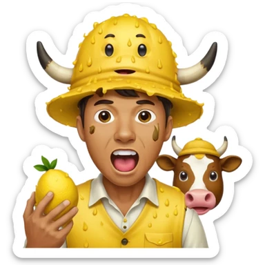 huge cow covered in poo half man screaming very loud made of lemons sticker
