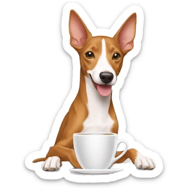 Un podenco marrón tomando una taza de café sticker