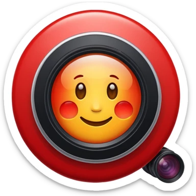 A simple camera lens, apple emoji style, 3/4 view, red sticker