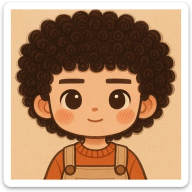 Haz el pelo mucho más rizado y las cejas más rectas, manteniendo el estilo general, cute y todos los detalles anteriores sticker