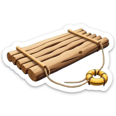 showing a simple wooden raft floating on calm blue water — made of several brown logs tied together with rope — gentle ripples around it — bright, cheerful lighting and soft shadows — minimalist, clean emoji design sticker