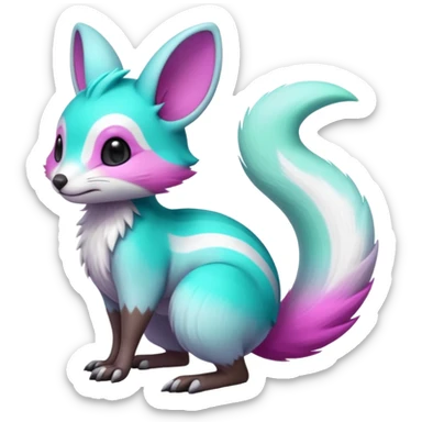 Iridescent Neon Green-Cyan-Magenta-gradients Minccino-Emolga-Numbat-Sergal-fusion-hybrid-animal-creature, full body sticker