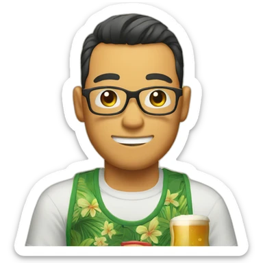 Japanese wearing glasses alohashirt is holding beer sticker