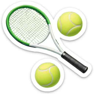 A tennis racket and ball placed on the grass court, with the lines of the court clearly visible in the background. The scene captures the essence of the sport, highlighting the equipment and the vibrant, open atmosphere of a tennis match sticker