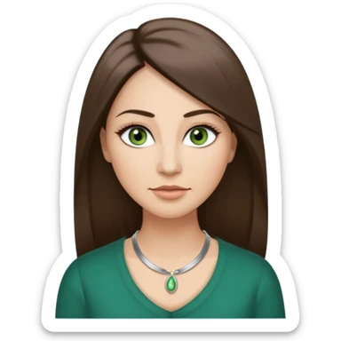 40 year old Adult woman avatar, light skin tone, oval face, long straight ashy brown hair, green almond-shaped eyes with dramatic eyelashes and minimal eyeliner, neutral mouth, medium straight eyebrows, small nose, smooth skin sticker