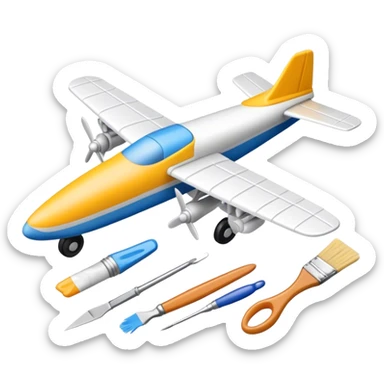 photorealistic icon featuring model-building tools like glue, paint, paintbrushes, pieces of a plastic model airplane in the process of being assembled. The design includes detailed textures of the model pieces and tools, capturing the focus and creativity of model building. Transparent background. sticker