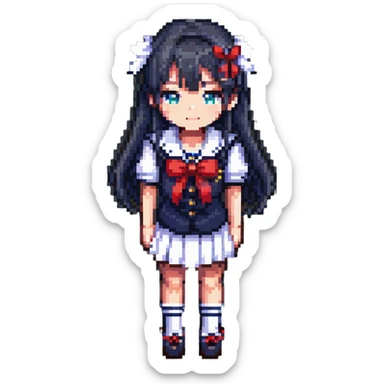 Japanese anime schoolgirl with classic sailor uniform in pixel art style sticker