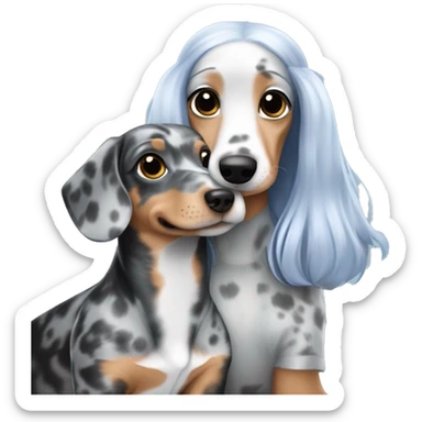 dapple blue merle dachshund with one eye blue blonde girl hugging sticker