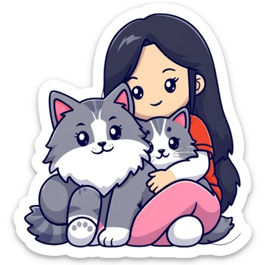 Girl with long black hair hugging a gray fluffy plush toy and a tricolor Maine Coon cat sticker