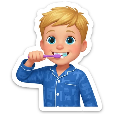 Create an emoji of the same blonde 3 year old as the first one you did. happy boy with blue-greenish eyes with blue pajamas on brushing his teeth sticker