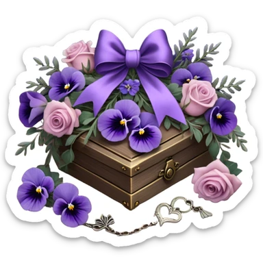 A midnight purple silk bow wraps around a bundle of wilted lavender sprigs, velvety pansies, and blush-violet roses, resting on an aged wooden table. Nearby, an antique silver locket shaped like a heart, engraved with tiny celestial stars, glistens faintly under the dim candlelight. sticker
