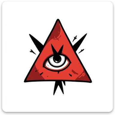 jagged blood-red triangle with a stylized glowing eye in the center, FOE symbol, black doodle style sticker