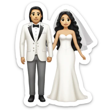 Chubby bride with long hair and tan groom with white suit and black hair sticker