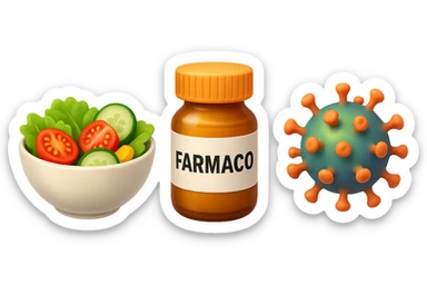 EMOJI STILE IPHONE DI una bowl di insalata, una boccetta di farmaco con la scritta "FARMACO" SULLA BOCCETTA E UN VIRUS, FLUTTUANO IN ARIA, IPERREALISTICO 4K sticker
